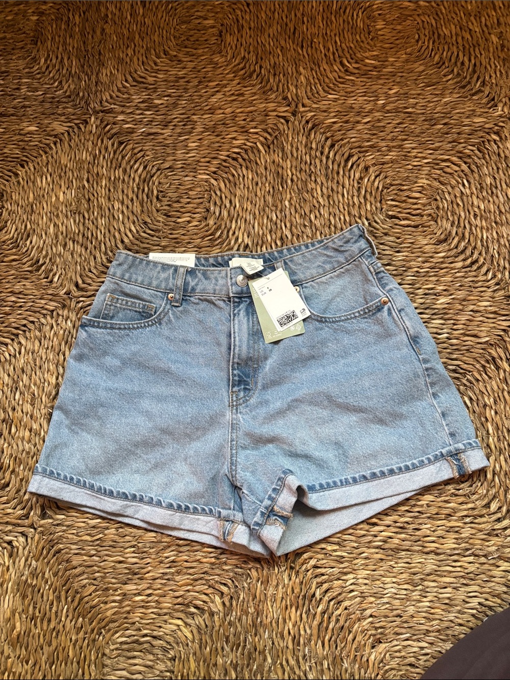 High-Rise Light Blue Denim Shorts with Rolled Hem